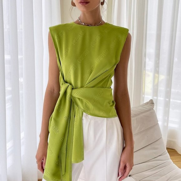 . Tops - Green Boho Womens Tie Front Shoulder Pad Blouse